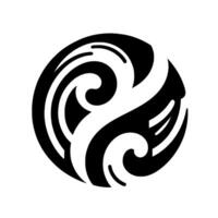 Modern Moriinspired circular featuring swirling, wavelike black white forms creating a balanced, intricate, symmetrical visual effect on a clean white background. vector