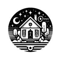 Monochrome house emblem with cross, key, crescent moon, and starfilled night sky, surrounded by stylized trees and bushes. vector