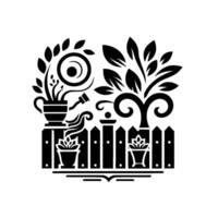 Stylized black and white illustration of garden elements, plants, watering can, and fence on white. vector