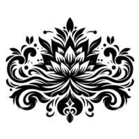 Symmetrical Black Floral with Intricate Swirls, Leaves, and a Center Bloom, on White Background. vector