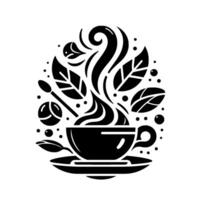 Stylized Black White Illustration of a Steaming Coffee Cup Surrounded by Leaves, a Spoon, and Decorative Elements on a White Background. vector