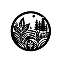 Stylized Black and White Nature Scene in a Circular Frame Featuring Trees, Plants, Rolling Hills, and a Moon. vector