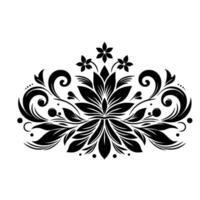Ornate Black Floral Symmetrical Flourishes, Leafy Elements, and Delicate Petals, Creating a Detailed Decorative Motif. vector