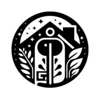 Black and White Circular Illustration stylized house under starry sky with plant elements, and unique symbol vector