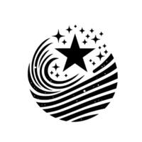 illustration of a star within a striped circle, surrounded by smaller stars, conveying a sense of cosmic energy and achievement, in monochrome style. vector