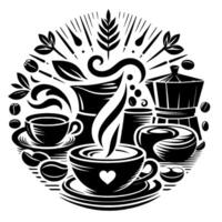 Elegant Black and White Coffee Themed Circular Composition Featuring Cups, Beans, Pots, and Steaming Beverage, Decorative Elements. vector