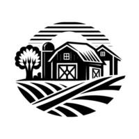 A stylized black and white emblem of a farm scene with a barn, silo, house, tree, and field in a circular frame resembling a stylized sun. vector