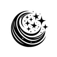 A stylized black and white crescent featuring radiating lines and a constellation of stars, creating a dynamic visual impact. vector