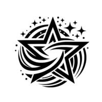 Abstract Black and White Starburst Fivepointed star with swirling elements, surrounded by smaller stars and dots on a white backdrop. vector