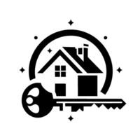 A sleek black and white stylized home and key emblem, conveying security and ownership, set against a halo, surrounded by stars, and a clean background. vector