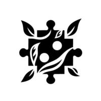 Monochrome Jigsaw with Leaf Motif A Black and White Puzzle Piece Incorporating Natures and Circular Accents vector