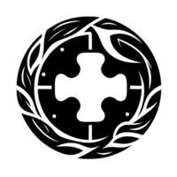 Black and white circular emblem featuring a stylized cross within a frame adorned with leaves and dots. vector