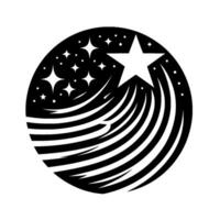 Black and white circular featuring stars, a large star with trails and small dots, on a plain white background. vector