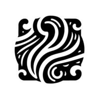 Abstract square in black and white featuring flowing wavelike patterns and ornate, stylized swirls within a roundedsquare frame. vector