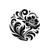 Symmetrical Black Floral Mandala with Swirls, Leaves, and Dots on a White Background Decorative Art. vector