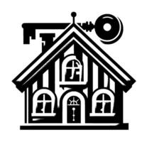 Striped Black and White House with Chimney, Windows, and a Stylized Key Symbol, Representing Homeownership. vector