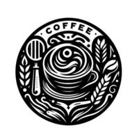 Ornate Black and White Circular Depicting Coffee Cup with Swirls, Grain, and Utensils vector