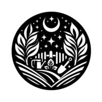 A stylized, circular illustration depicts a moonlit garden, featuring tools, plants, fence, celestial elements in a monochrome, minimalist style. vector