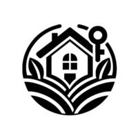 A black and white circular depicting a house within a field, key symbol, and leaves. vector