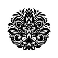 Intricate Black and White Floral Ornament, Symmetrical Circular on a White Background, Detailed Botanical Pattern. vector
