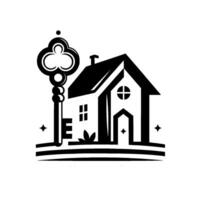Symbolic Black and White Homeownership Featuring a Decorative Key and a House with Architectural Details, Emphasizing Security. vector