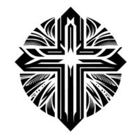 Intricate Black and White Geometric Cross Enclosed in a Diamond Shape, featuring TribalInspired Artwork. vector