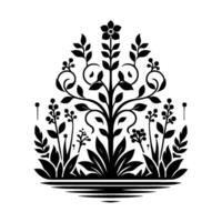 Symmetrical Black and White Floral a stylized tree and surrounding foliage, creating an elegant natureinspired ornament on a clean background. vector