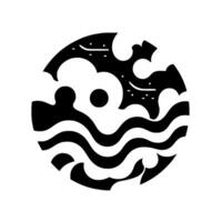 Abstract, Minimalist Illustration of a Nighttime Ocean Scene with Swirling Waves, Clouds, and a Circle in Black, White, and Gray vector