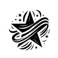 Black and white star with flowing lines, surrounded by smaller stars and dots, creating a dynamic, celestial emblem. vector