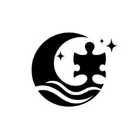 Black and white emblem crescent moon with puzzle piece, waves, and stars, conveying a concept of connection and completion. vector