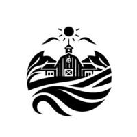 Stylized Black and White Circular Emblem of Farm Barn, Fields, Sun, and Leafy Surround vector