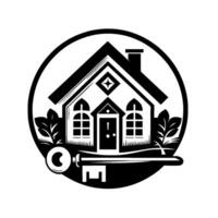 Symbolic monochrome illustration of a house with a key, nestled within a circular frame, representing homeownership and security. vector