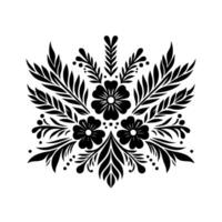 Symmetrical Black Floral Pattern with Stylized Leaves and Dots on White Background, Decorative . vector