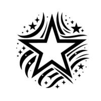 Black and White Starburst A geometric featuring a large central star, surrounded by stylized star elements and flowing lines. vector