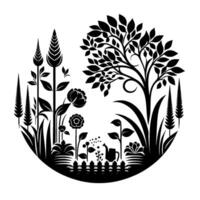 Stylized Black and White Garden Scene Enclosed Botanical Illustration with Flowers, Tree, and Watering Can. vector