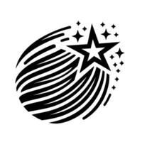 Black and white of a starburst featuring a large star, trailing curved lines, and smaller stars on a white background. vector