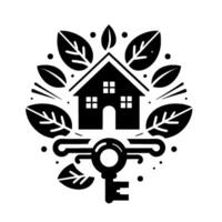 Minimalist Black and White Illustration of a House, Surrounded by Leaves, and Key, Symbolizing Home and Security. vector