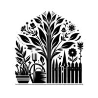 A stylized, monochromatic garden scene, featuring lush foliage, gardening tools, and a picket fence, arranged within a houseshaped frame. vector