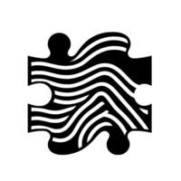 A monochromatic puzzle piece featuring stylized, wavy white stripes on a black backdrop, set against a plain white background. vector