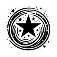 A stylized black star emblem within a swirling vortex of lines and surrounding stars, set against a stark white background, evoking a sense of celestial power and minimalism. vector