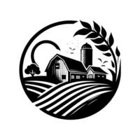 Stylized black and white circular emblem featuring a farm scene, barn, silo, fields, and foliage, conveying a rural aesthetic. vector