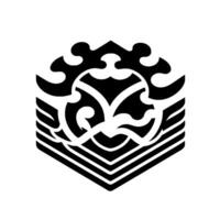 Ornate Black and White Geometric Emblem Featuring Intricate Scrollwork and Symmetrical on a Hexagonal Base, Isolated. vector