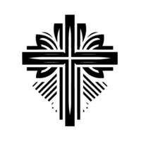 Bold Geometric Cross with Floral Accents in Black and White, Symmetric, Decorative, Modern and Symbolic Representation. vector