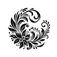 Symmetrical, Circular Floral Ornament in Black, Featuring Leaves, Swirls, and Decorative Elements on White Background. vector