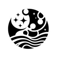 A monochrome circular depicting a night scene with a crescent moon, stars, and waves, creating a balanced, abstract composition. vector