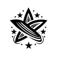Bold Black and White Starburst Emblem, featuring a large, layered star with an orbiting and surrounding smaller stars. vector