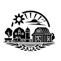 Stylized Black and White Farm Scene with Buildings, Tractor, Sun, Clouds, and Leafy Border. A Modern Rustic . vector