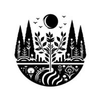 Black and White Stylized Forest Scene Tree in Center, Moon Above, Birds, Geometric Floral Elements. vector
