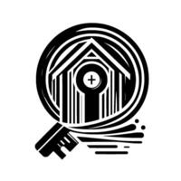 Abstract Black White House Keyhole Symbol within a Circle, with a Plus Sign, Representing Healthcare or Home Access. vector