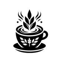 Minimalist Monochrome of a Tea Cup with Leafy Steam and Decorative Leaf Embellishments on the Cup and Saucer, White Background. vector
